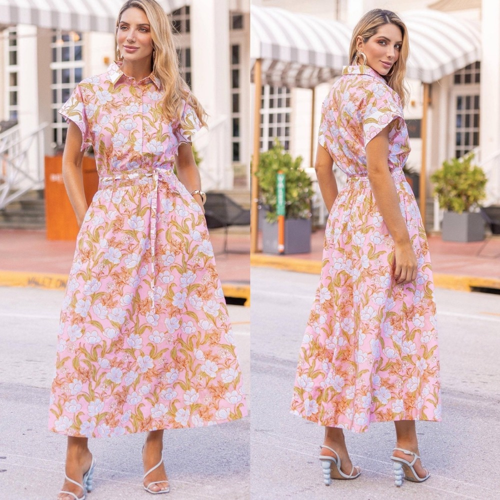Strut & Bolt Shirt Dress Small Pink Floral Smocked Waist Midi Belted Pockets